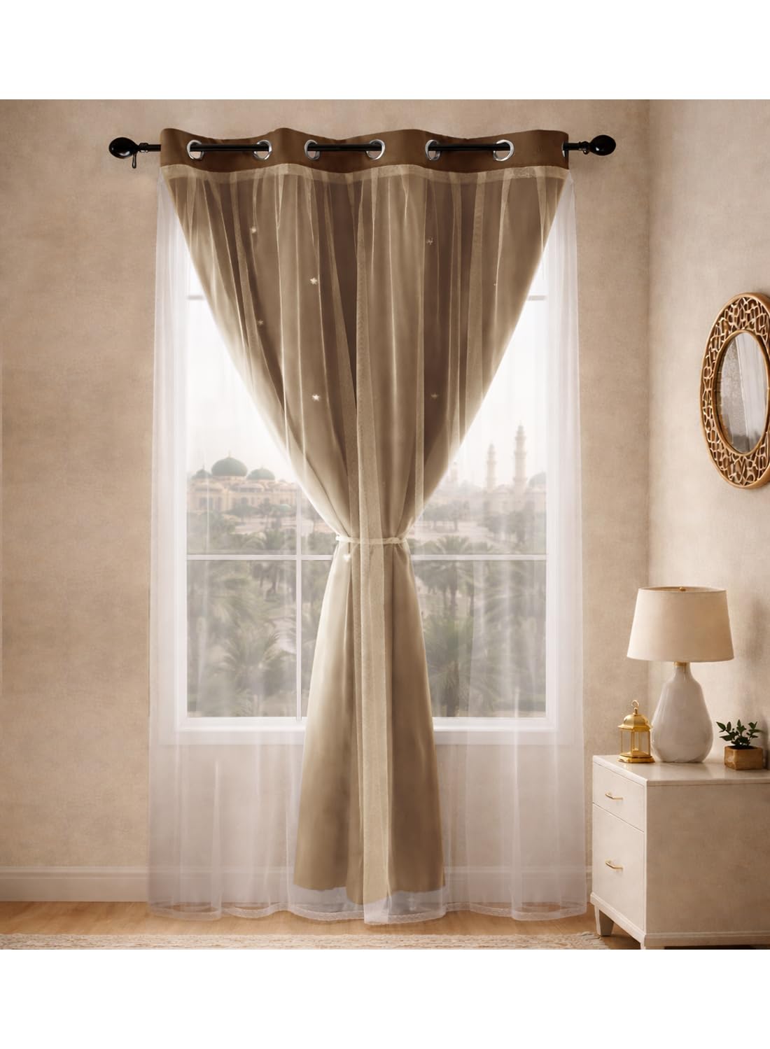 L&wen Star Blackout Curtains with Sheer, Drapes Grommet Room Darkening Curtain for Bedroom