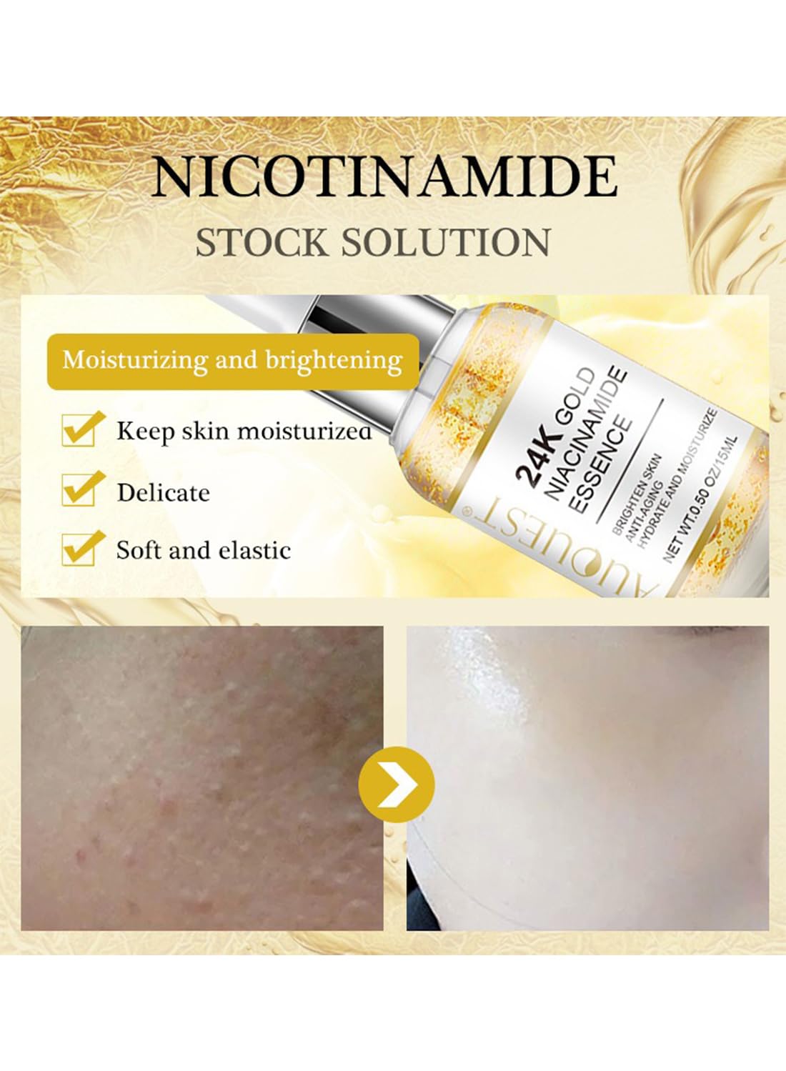Face Serum, Hydrating Anti-Aging Gold Niacinamide Treatment Essence - 15ml