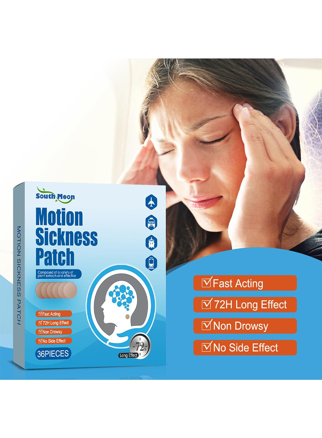 Motion Sickness Patch, Fast Acting Sea Sickness Patches Behind Ear - 36 Pcs