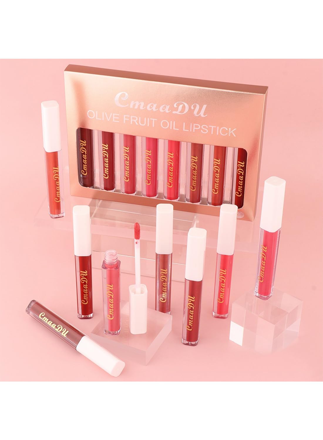 Cmaadu 8Pcs Liquid Lipstick Set with Olive Fruit Oil, Long Lasting High Pigmented Non-Stick Cup Moisturizing Waterproof Lip Gloss Set for Girls Women Makeup Gift Set