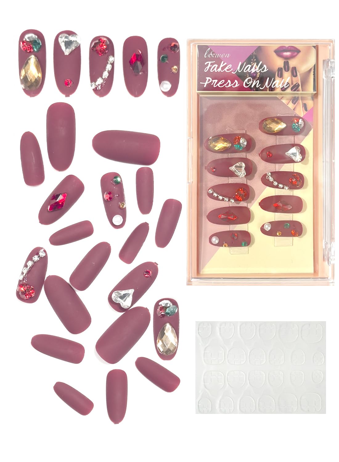 24Pcs Press on Nails, Long Lasting Chip-Free Press Ons Square for Gift, Nails Tip Set for Salons and DIY with 36Pcs Nail Adhesive Glue Tapes for Women