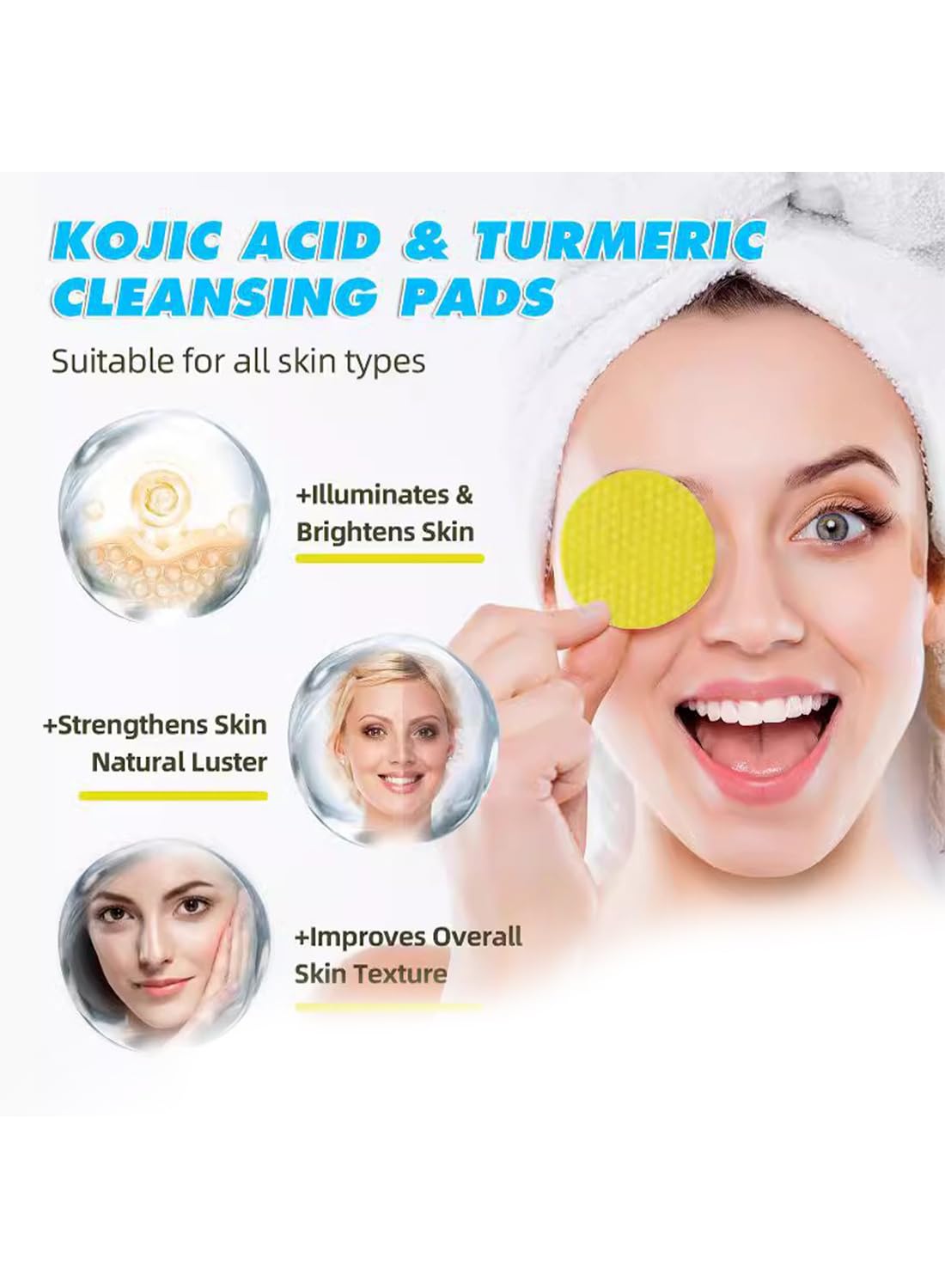 Turmeric Cleansing Pads, Kojic Acid & Turmeric Cleansing Pads, Enhances Skin's Natural Glow, Improves Overall Texture, Helps Balance Skin Oil & Water (60 Pads)
