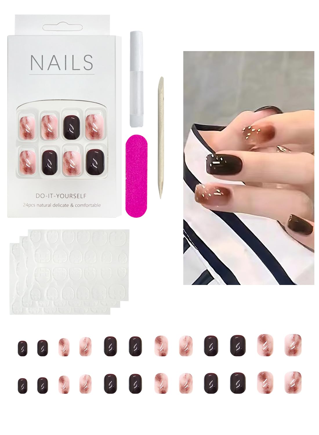 24 Pcs Press On Nails Short, Reusable French Gel Nail Tips Set, Natural Soft Gel Press on Nails for Salons and DIY with 72 Pcs Nail Adhesive Glue Tapes