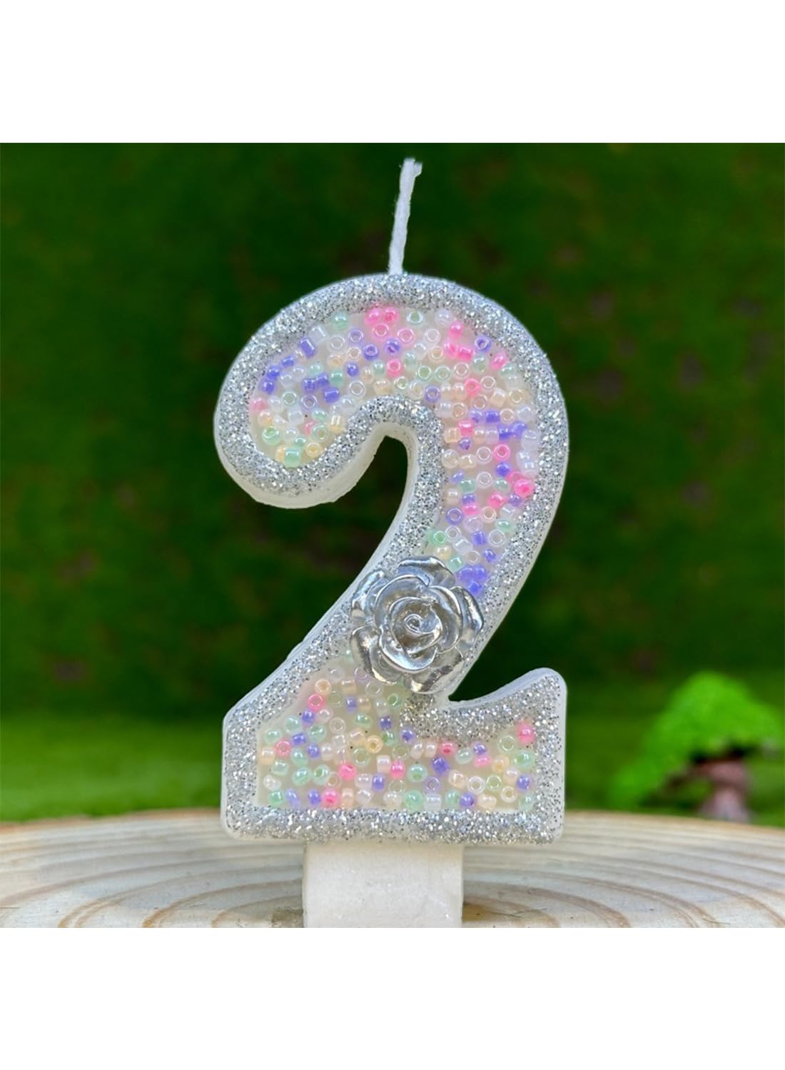 White Number Silver Flower Cake Candle