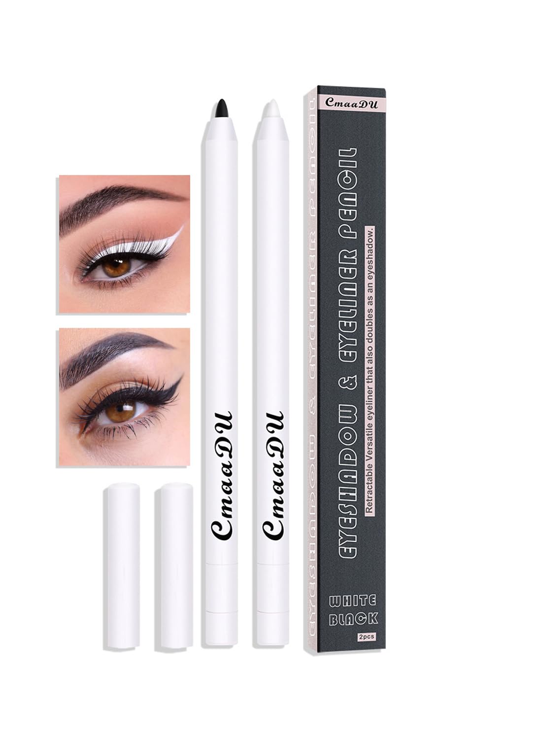2Pcs Black & White Eyeliner Pencil, Multi-Use Waterproof Smudge Proof Mechanical Eyeliner Pencil, Smooth Eye Brightener with Ultra-Fine Tip, Long Lasting Silkworm Eye Liner Cream, Gift Set for Women