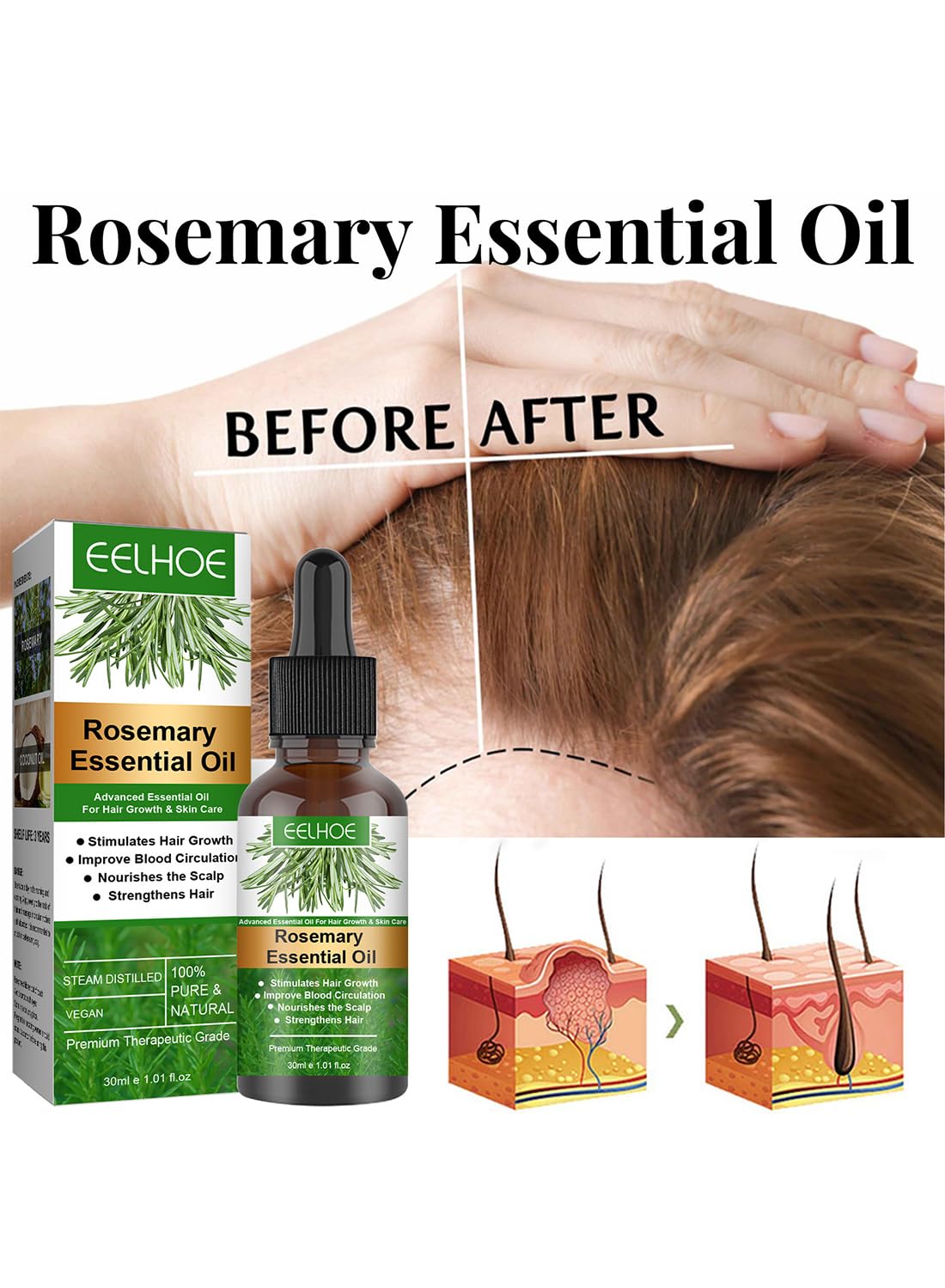 Rosemary Essential Oil, Hair Strengthening Oil, with Pure and Natural Formula, Promote Hair Growth, Nourish the Scalp, Repair Hair 30ml