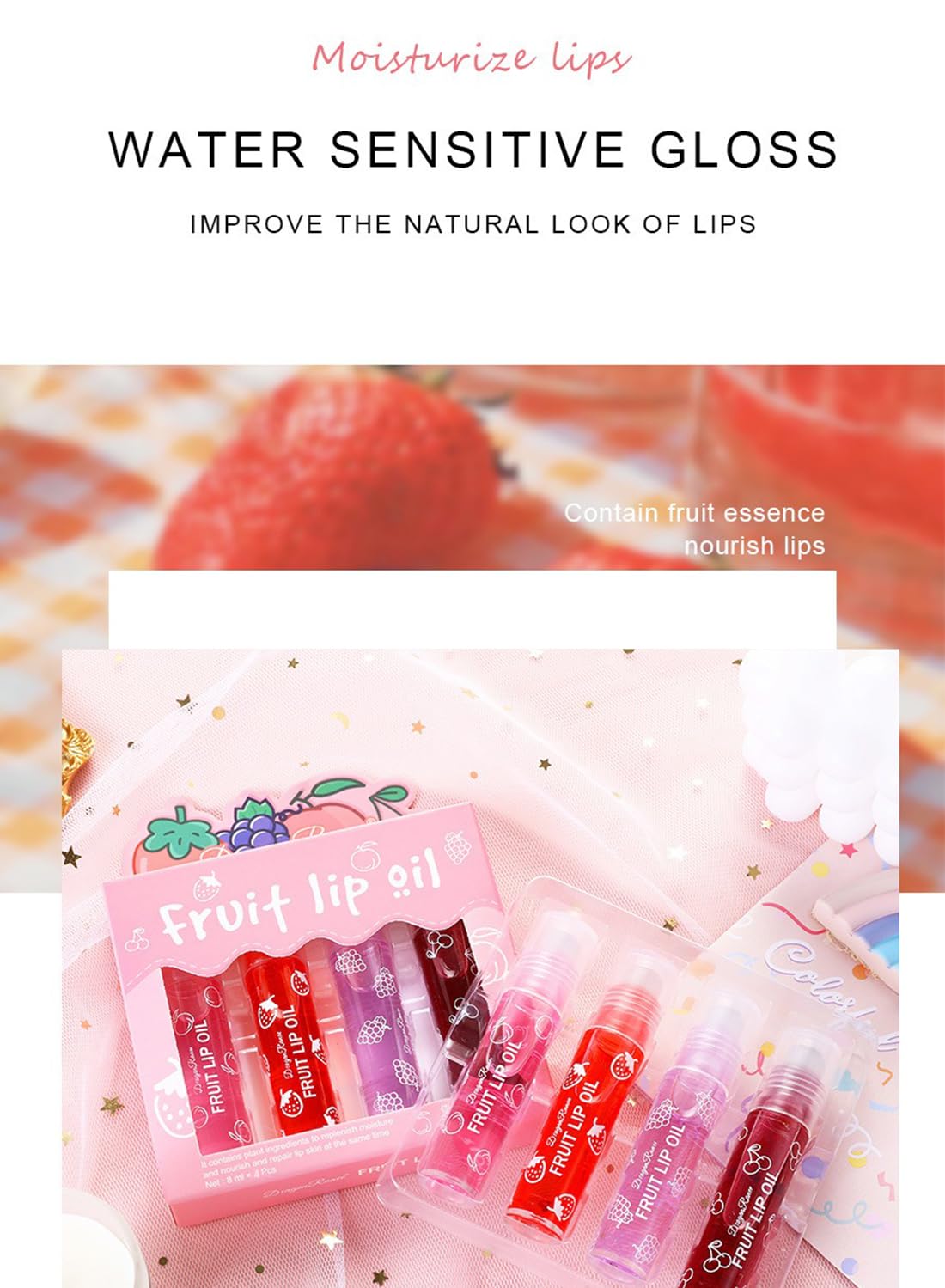 4Pcs Glossy Fruit Roll-on Lip Oil Set, Moisturizing Clear Gloss for Lip Care