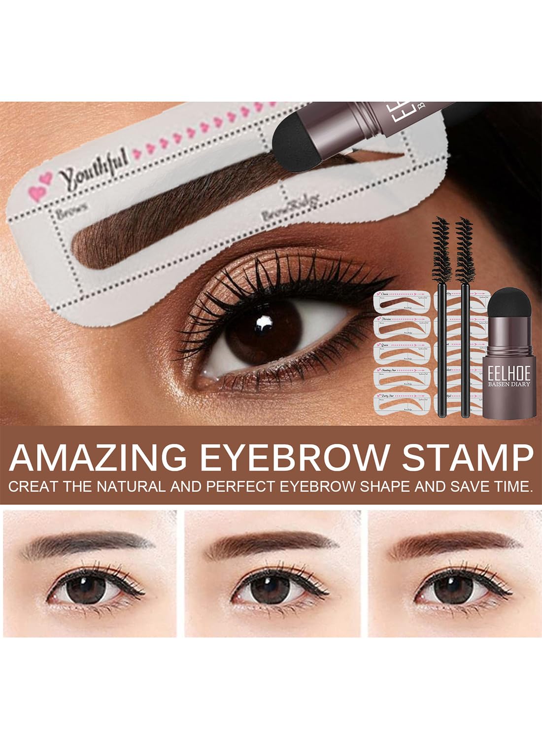 Eyebrow Stamp Stencil and Brush Kit, Eyebrow Makeup for Women - Dark Grey