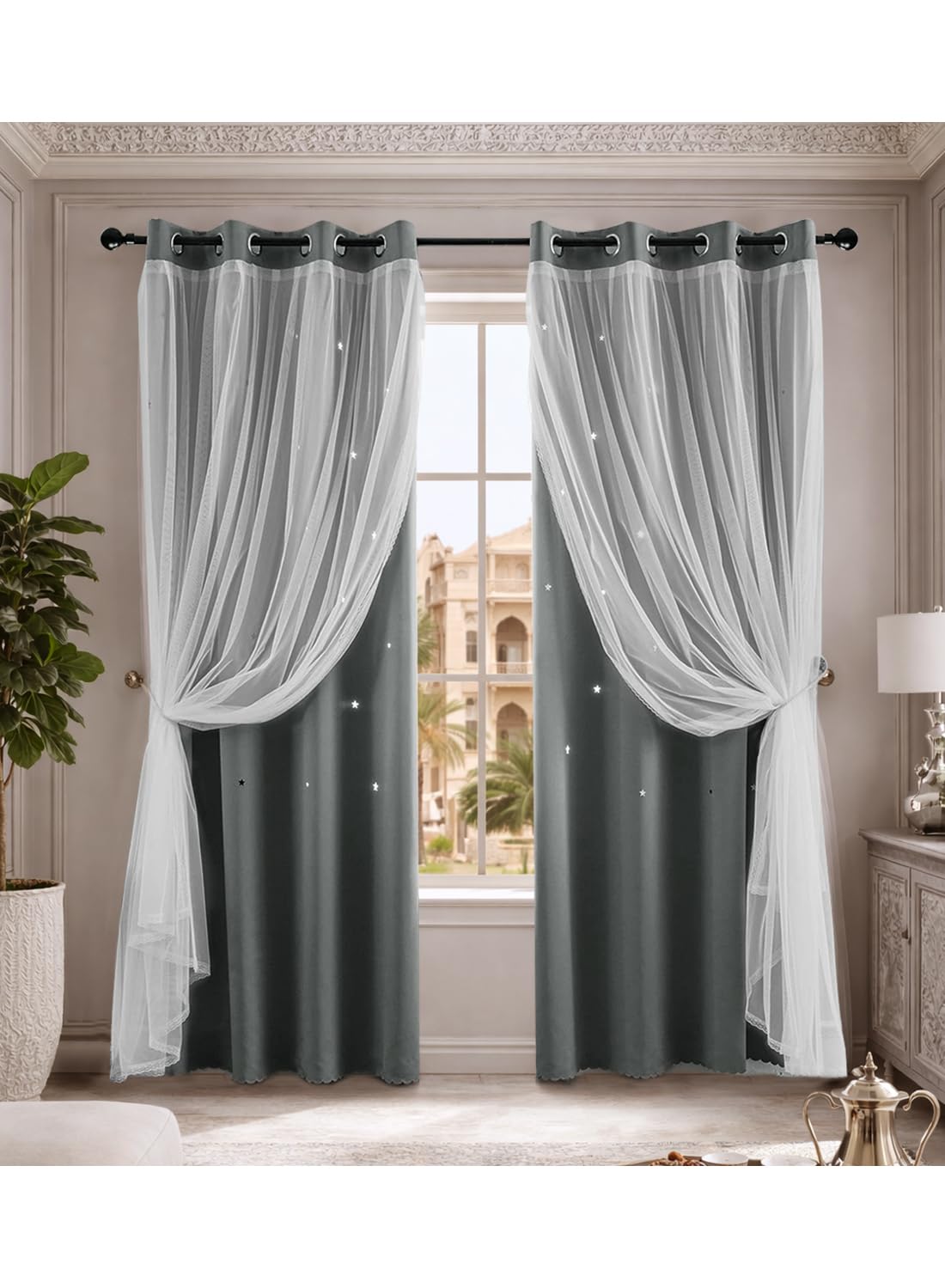 L&wen Star Blackout Curtains with Sheer, Drapes Grommet Room Darkening Curtain for Bedroom