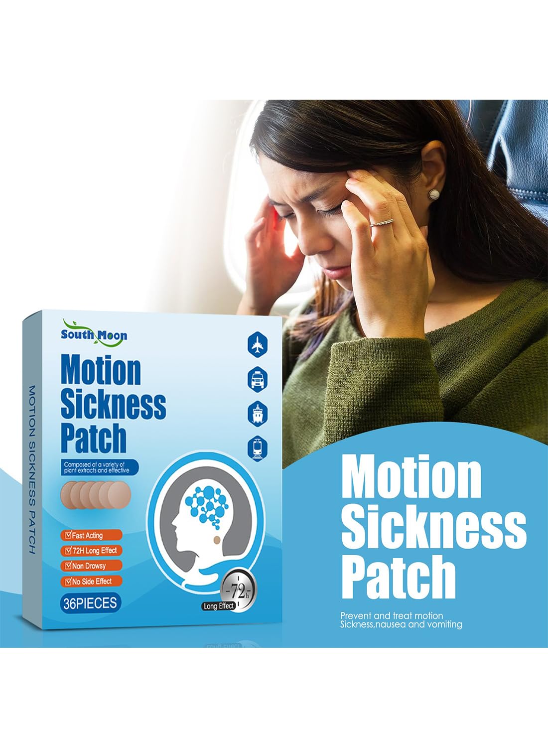 Motion Sickness Patch, Fast Acting Sea Sickness Patches Behind Ear - 36 Pcs