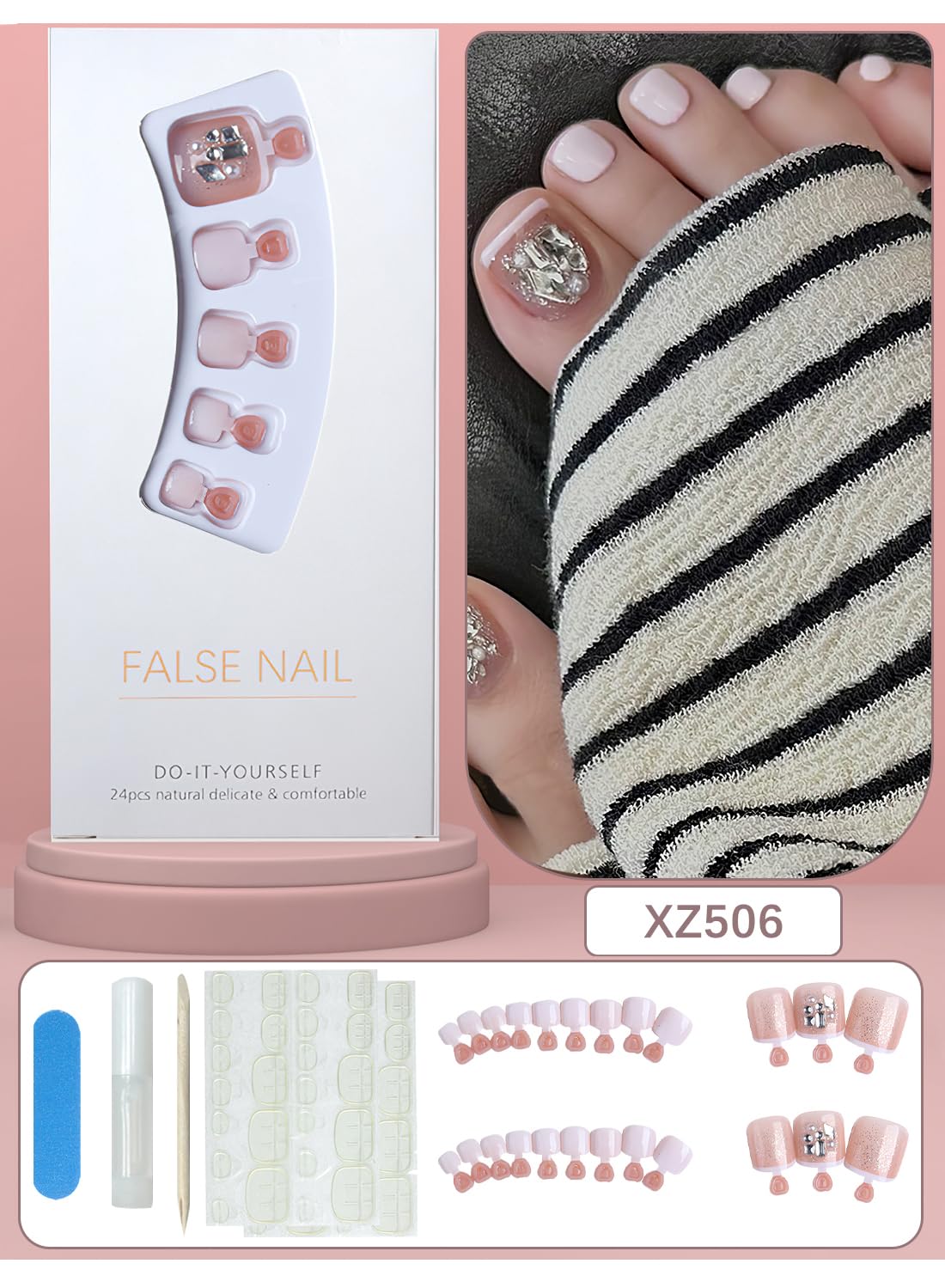 24Pcs Press on Toenails Short, Long Lasting Fake Toe Nails Full Cover, False Toenails for Feet for Summer Nail Art with Nail File Nail Stick & 72 Pcs Nail Adhesive Glue