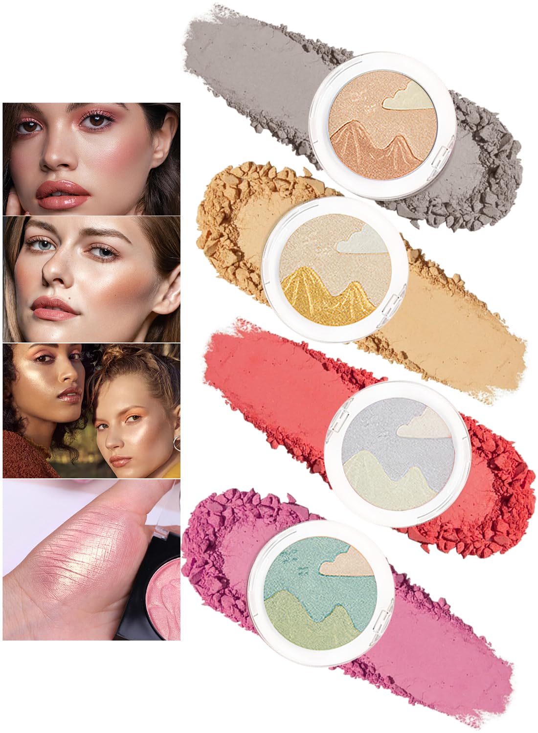 4 Pcs Multi-Colored Blush Powder Set, Long Lasting Contour and Highlighter Palette, Matte & Shimmer Finishes, Lightweight Makeup Gift Kit for Cheek and Eye