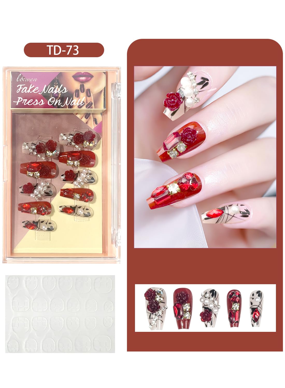 24Pcs Press on Nails, Long Lasting Chip-Free Press Ons Square for Gift, Nails Tip Set for Salons and DIY with 36Pcs Nail Adhesive Glue Tapes for Women