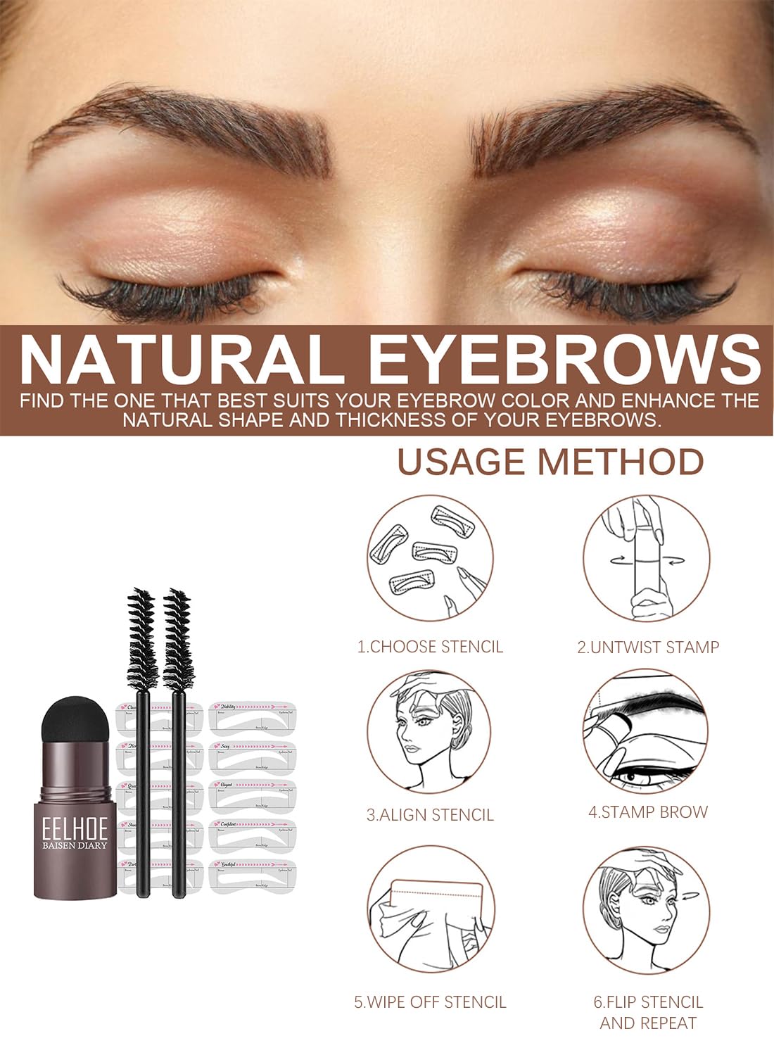 Eyebrow Stamp Stencil and Brush Kit, Eyebrow Makeup for Women - Dark Grey