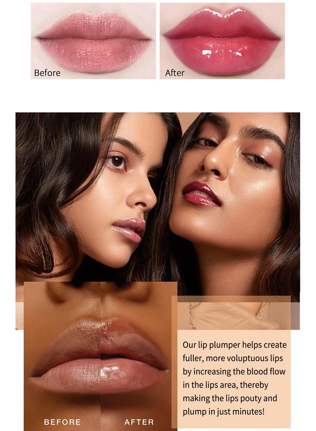 Lip Plumper with Mint and Ginger Extract, Mirror Gloss Ultra Hydrating Long Lasting Nonstick Cup Moisturizing Tinted Lip Gloss, Nourishing Lip Gloss for Girls & Women