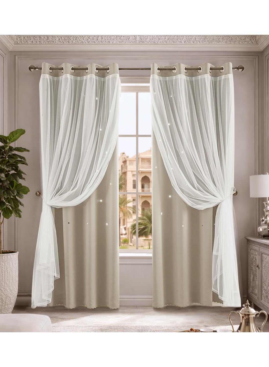 L&wen Star Blackout Curtains with Sheer, Drapes Grommet Room Darkening Curtain for Bedroom