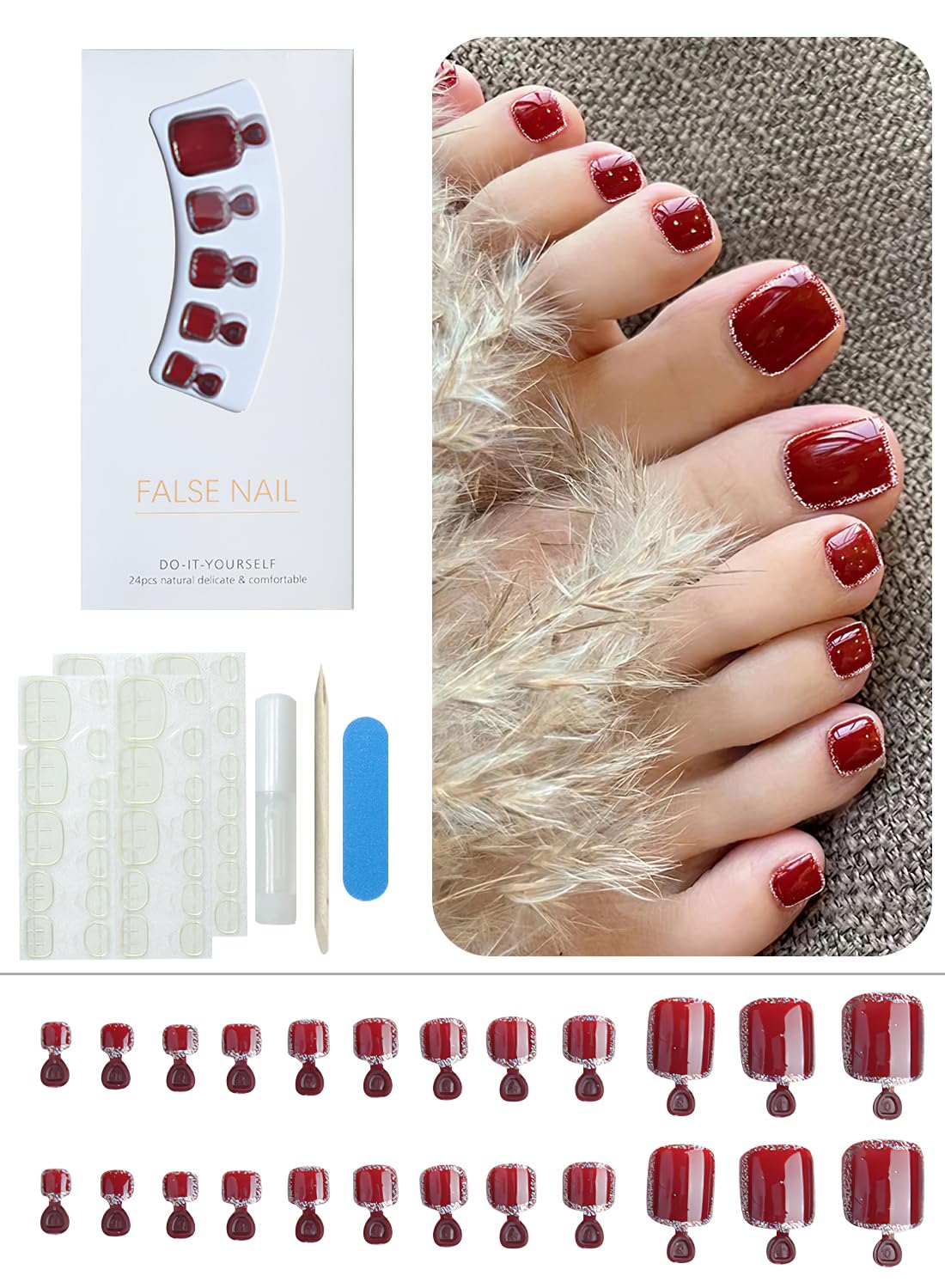 24Pcs Press on Toenails Short, Long Lasting Fake Toe Nails Full Cover, False Toenails for Feet for Summer Nail Art with Nail File Nail Stick & 72 Pcs Nail Adhesive Glue