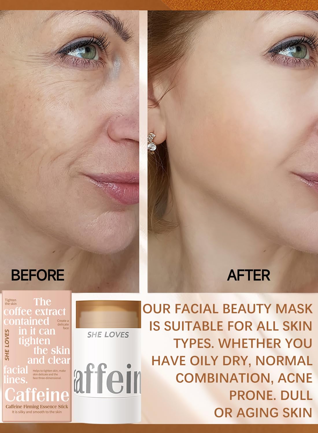 Firming Essence Stick with Caffeine, Anti-Aging Anti Puffiness Anti Dark Circles Face Moisturizer, Boosts Skin Radiance, Fades Fine Line, for Face and Neck 34g