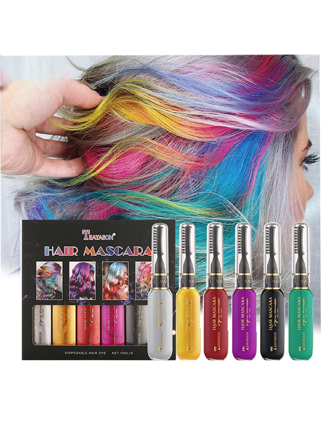 Hair Mascara Set, 6Pcs Temporary Colorful Washable Hair Chalk for Salon & DIY