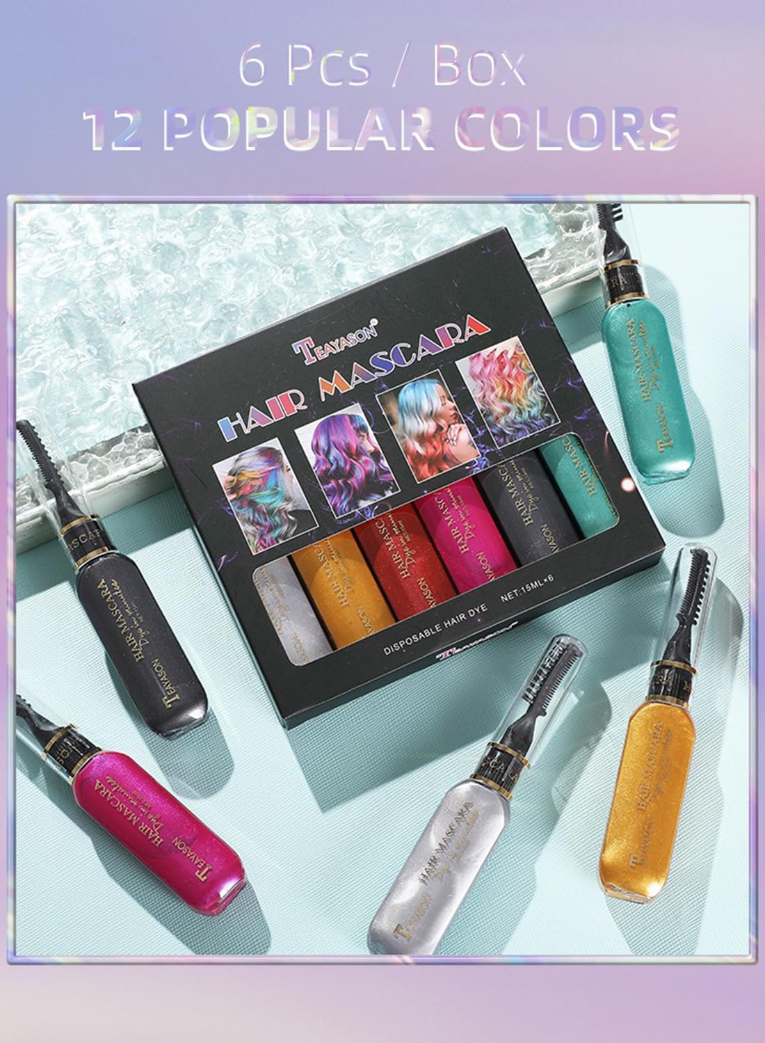 Hair Mascara Set, 6Pcs Temporary Colorful Washable Hair Chalk for Salon & DIY