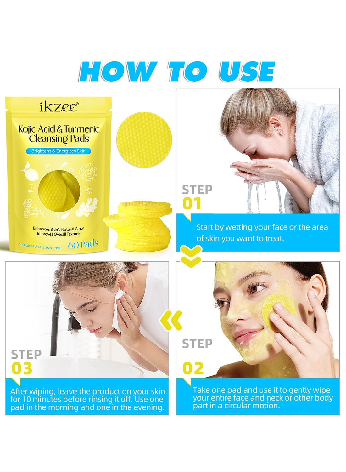 Turmeric Cleansing Pads, Kojic Acid & Turmeric Cleansing Pads, Enhances Skin's Natural Glow, Improves Overall Texture, Helps Balance Skin Oil & Water (60 Pads)