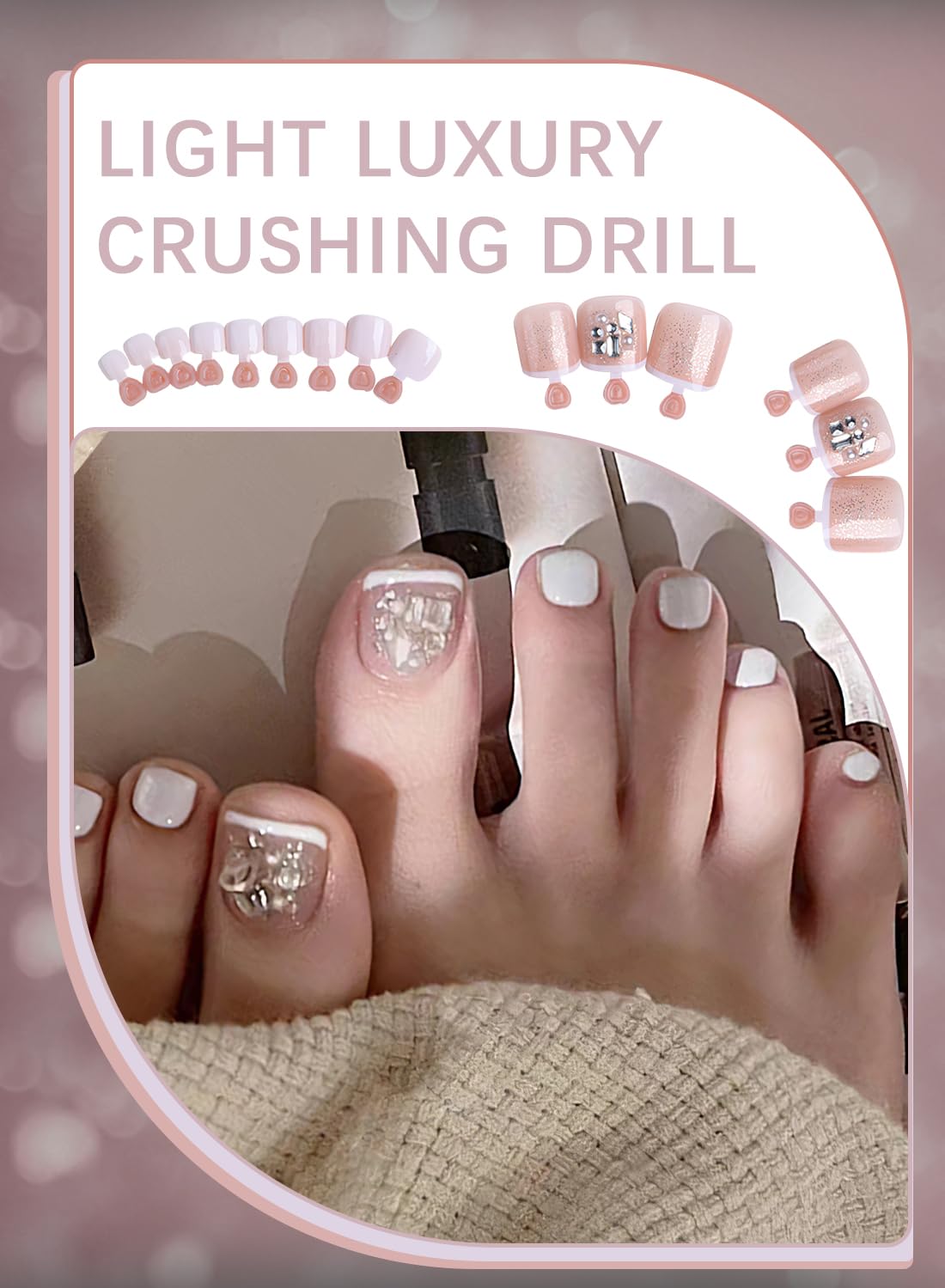 24Pcs Press on Toenails Short, Long Lasting Fake Toe Nails Full Cover, False Toenails for Feet for Summer Nail Art with Nail File Nail Stick & 72 Pcs Nail Adhesive Glue