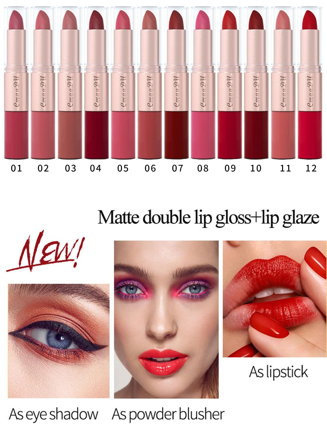 3 Pcs 2 in 1 Lipstick and Lip Gloss Set, Matte Velvet Double Headed High Pigmented Lipstick Gift Set, Waterproof Long Lasting Lip Makeup Gift Set for Women