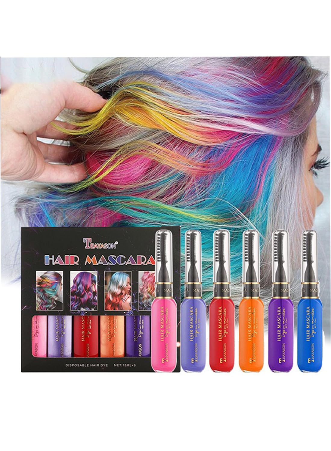 Hair Mascara Set, 6Pcs Temporary Colorful Washable Hair Chalk for Salon & DIY