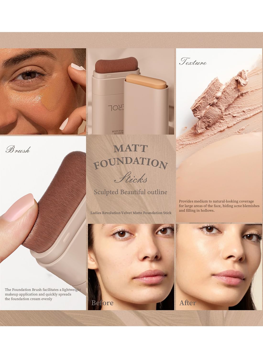 Foundation Liquid, Matte Finish, Full Coverage Longwear Liquid Foundation Makeup, Portable Easy to Use Lightweight Foundation Stick, Sweat and Water Resistant