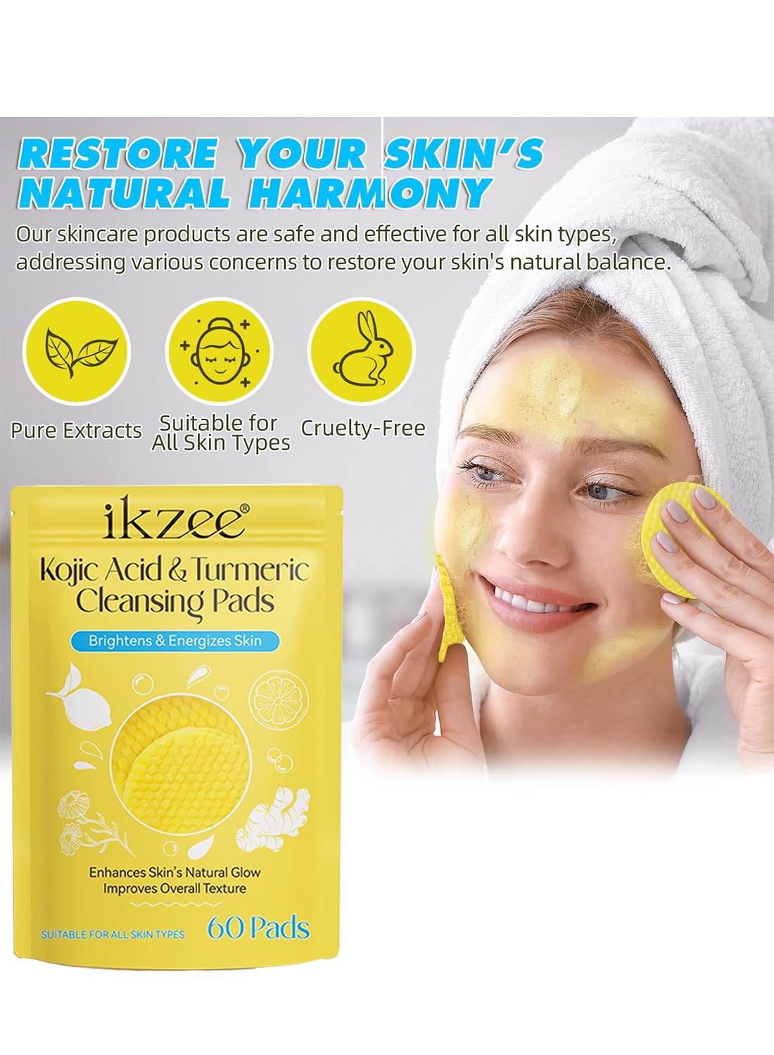 Turmeric Cleansing Pads, Kojic Acid & Turmeric Cleansing Pads, Enhances Skin's Natural Glow, Improves Overall Texture, Helps Balance Skin Oil & Water (60 Pads)