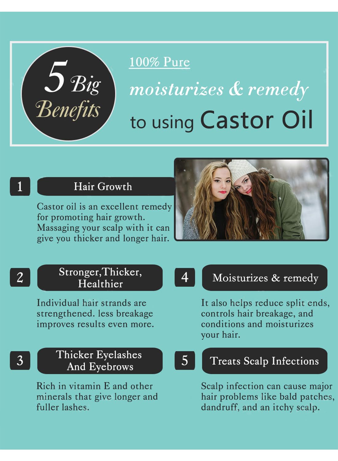 Castor Oil, 100% Pure, Cold Pressed, Castor Hair Oil, Hair Growth Oil, Stimulate Healthy Growth for Eyelashes, Eyebrows and Hair, Hair Growth Serum for Thicker and Longer Hair 10ml