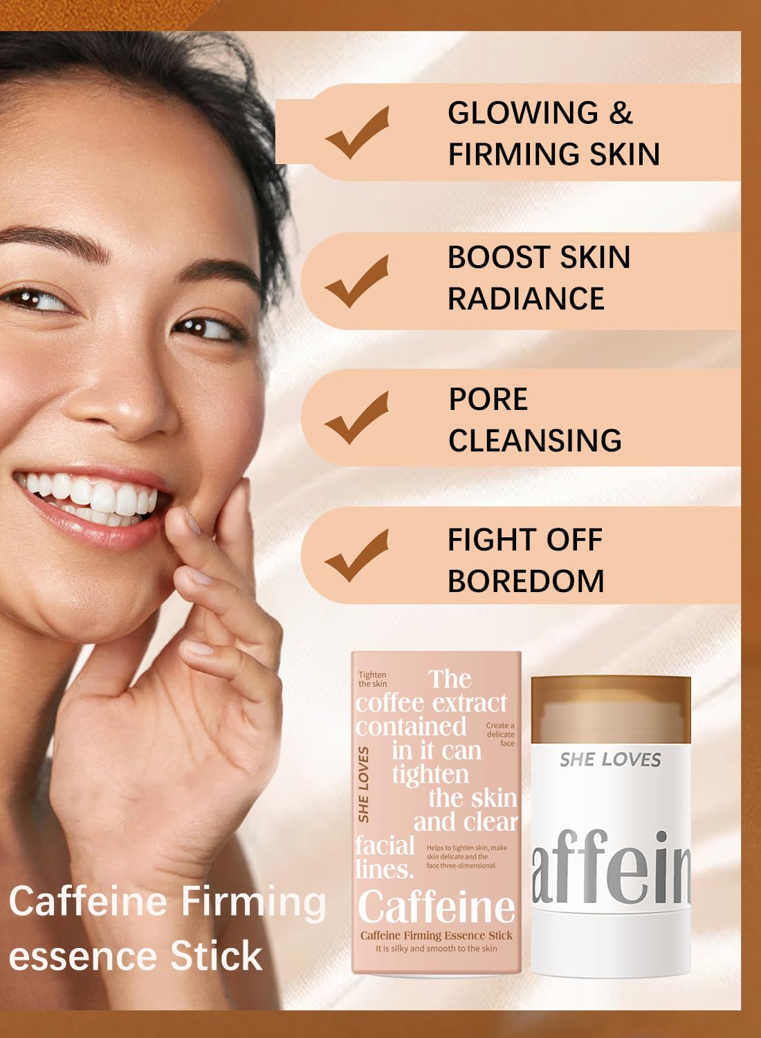 Firming Essence Stick with Caffeine, Anti-Aging Anti Puffiness Anti Dark Circles Face Moisturizer, Boosts Skin Radiance, Fades Fine Line, for Face and Neck 34g