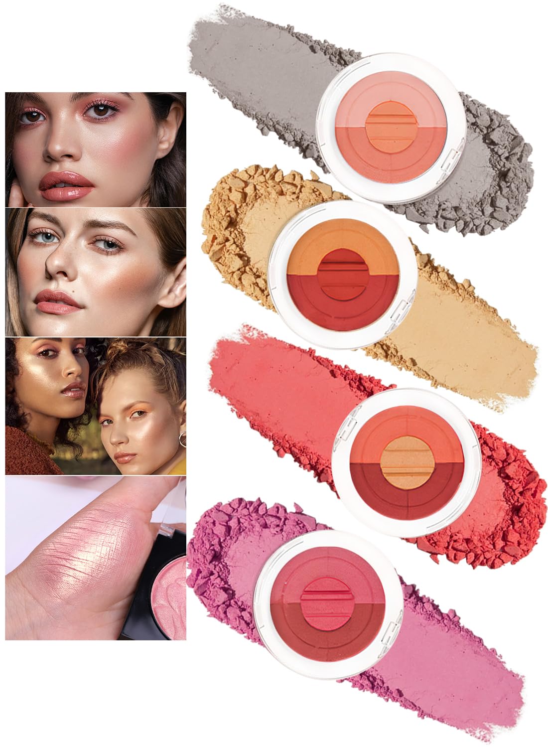 4 Pcs Multi-Colored Blush Powder Set, Long Lasting Contour and Highlighter Palette, Matte & Shimmer Finishes, Lightweight Makeup Gift Kit for Cheek and Eye