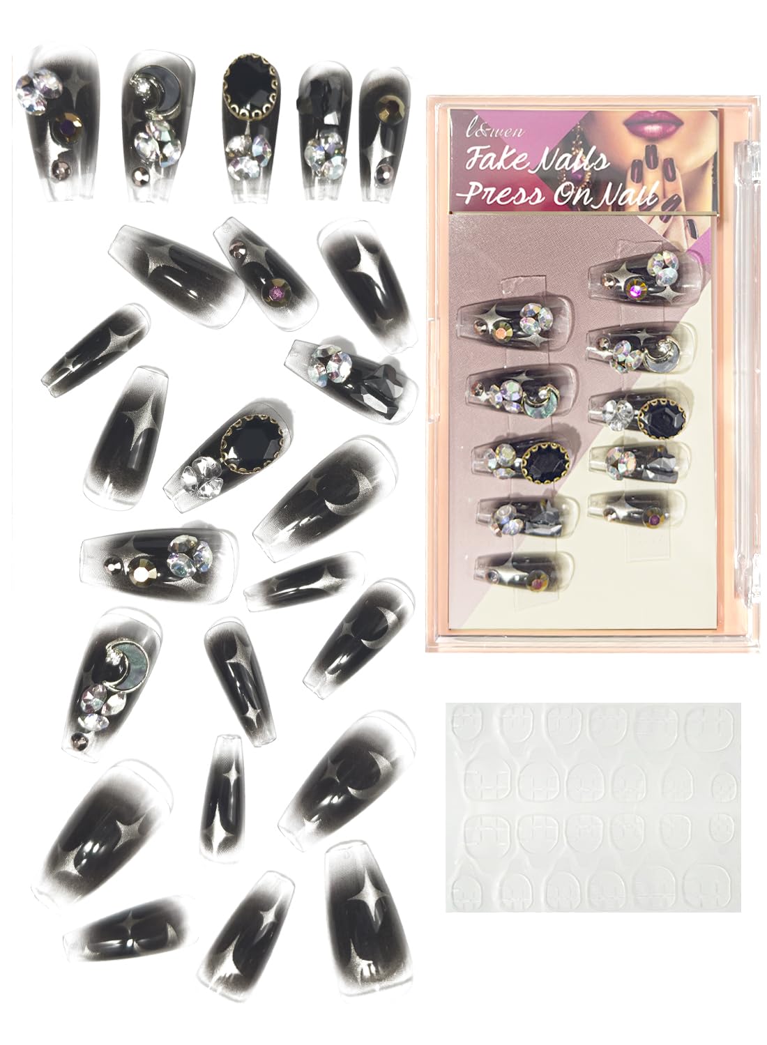 24Pcs Press on Nails, Long Lasting Chip-Free Press Ons Square for Gift, Nails Tip Set for Salons and DIY with 36Pcs Nail Adhesive Glue Tapes for Women