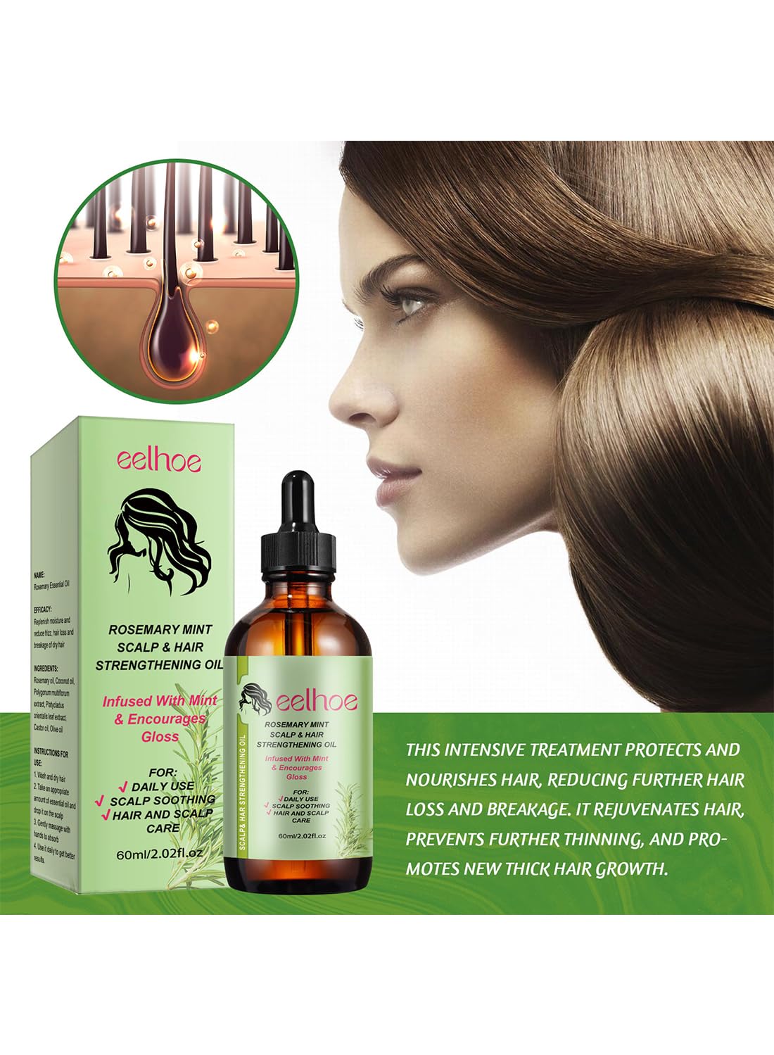 Hair Growth Oil 100% Natural Rosemary Hair Growth Essential Oil to Help Stimulate New Hair Growth and Strengthen Hair Follicles and Moisturize Scalp and Encourage Thicker Fuller Hair 60ml