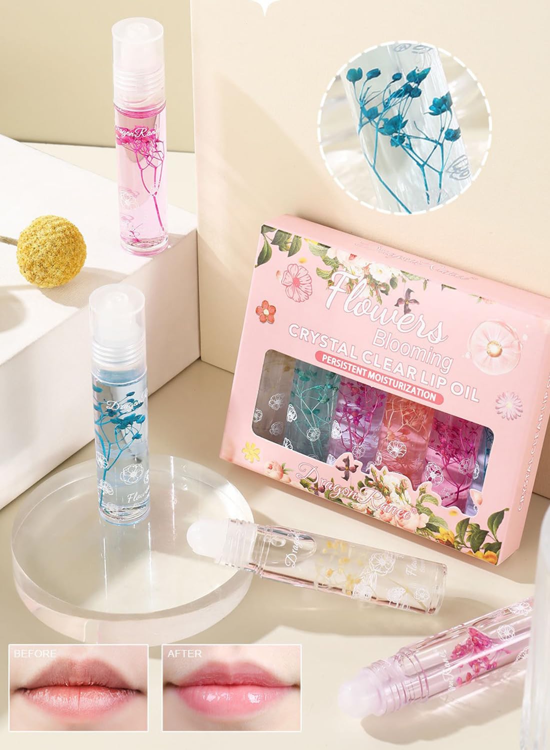Clear Glossy Lip Oil Set, Hydrating Transparent Lip Glow for Women 6Pcs