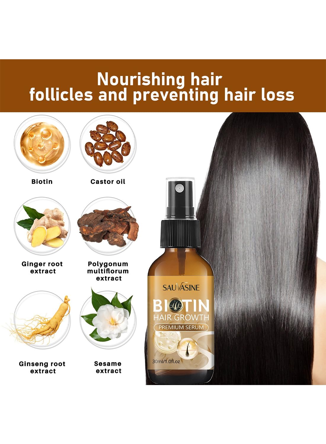 Biotin Hair Growth Serum, Premium Biotin Hair Growth Spray with Castor Oil, Hair Thickening Herbal Serum for Hair Growth, for Thicker Longer & Stronger Hair, Reduces Hair Loss 30ml