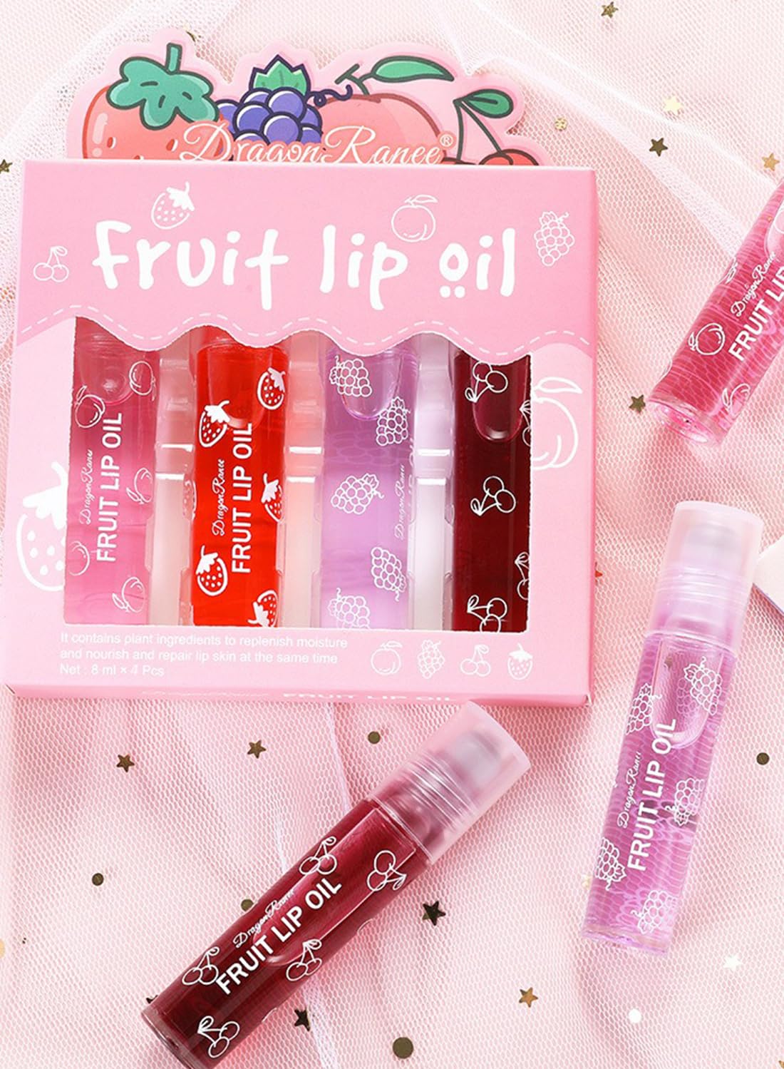 4Pcs Glossy Fruit Roll-on Lip Oil Set, Moisturizing Clear Gloss for Lip Care