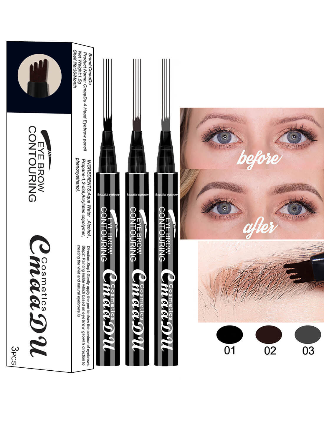 CmaaDu Eye Brow Contouring Eyebrow Pen 3pcs