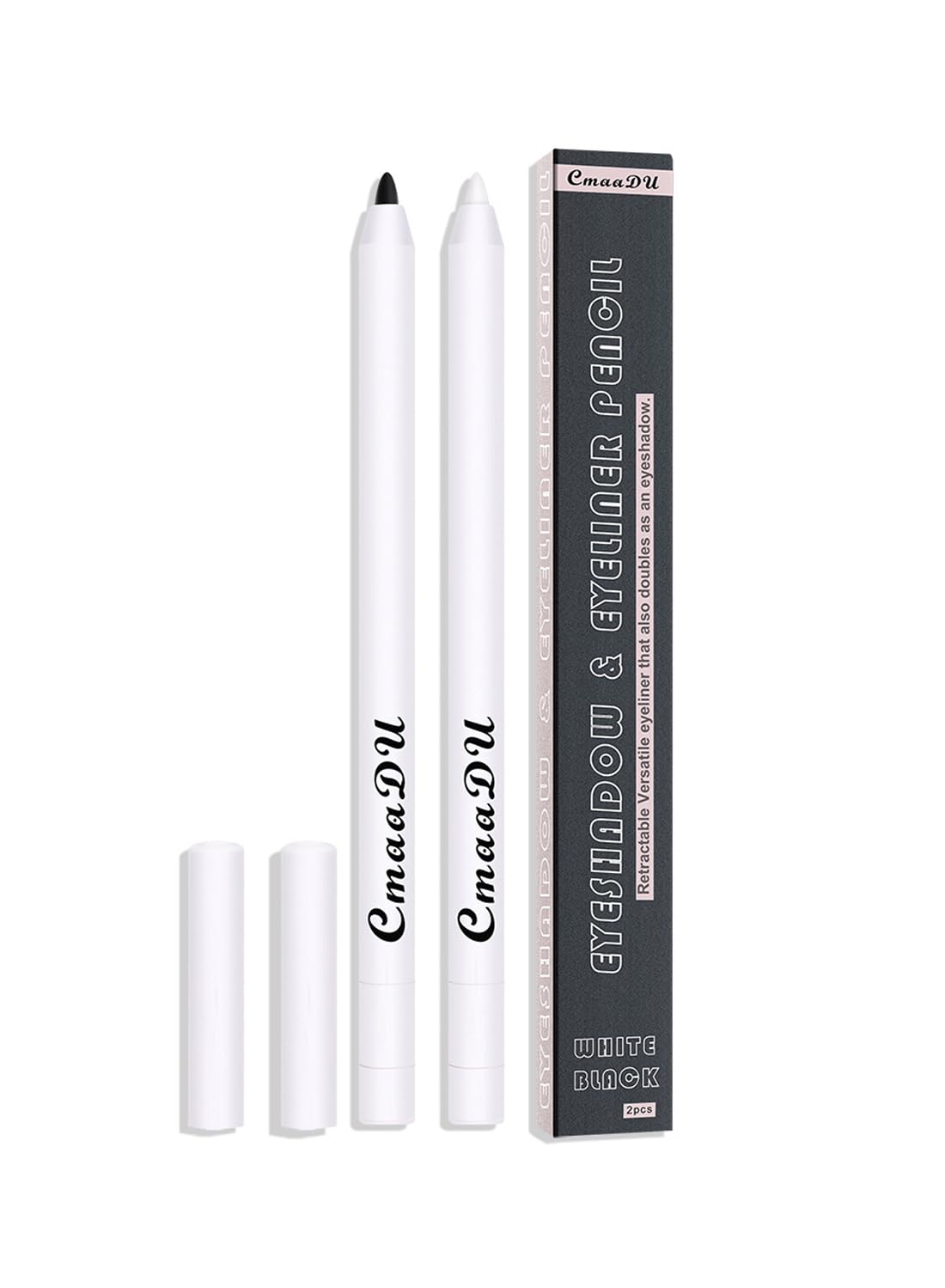2Pcs Black & White Eyeliner Pencil, Multi-Use Waterproof Smudge Proof Mechanical Eyeliner Pencil, Smooth Eye Brightener with Ultra-Fine Tip, Long Lasting Silkworm Eye Liner Cream, Gift Set for Women