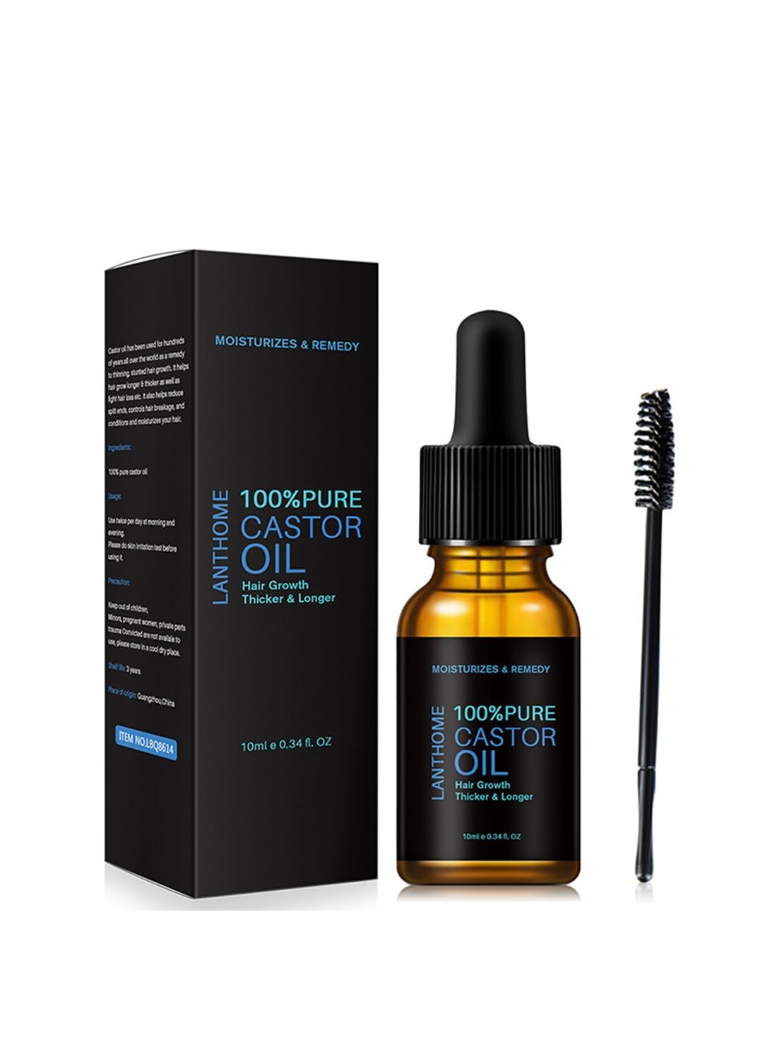 Castor Oil, 100% Pure, Cold Pressed, Castor Hair Oil, Hair Growth Oil, Stimulate Healthy Growth for Eyelashes, Eyebrows and Hair, Hair Growth Serum for Thicker and Longer Hair 10ml