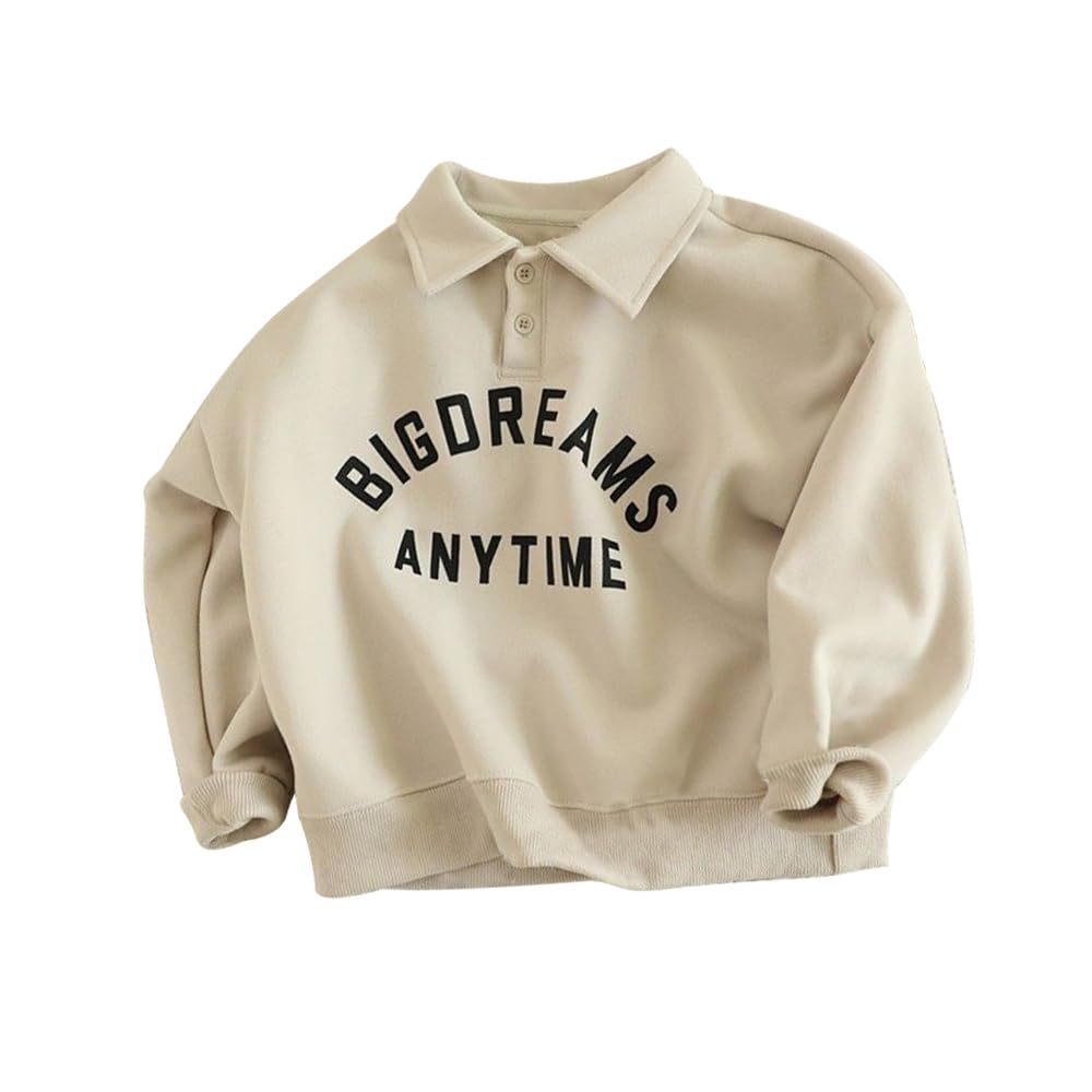 L&Wen Boys Elegant Long Sleeve Sweatshirt for Cooler Weather, Text Pattern Print Kids Top Beige 90 (2-3 Years)
