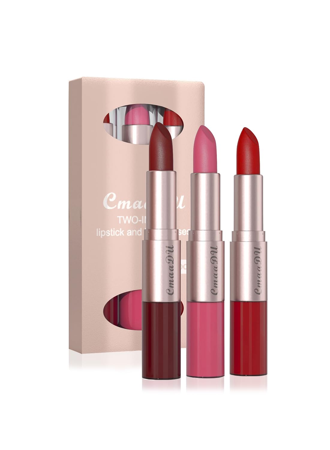 3 Pcs 2 in 1 Lipstick and Lip Gloss Set, Matte Velvet Double Headed High Pigmented Lipstick Gift Set, Waterproof Long Lasting Lip Makeup Gift Set for Women