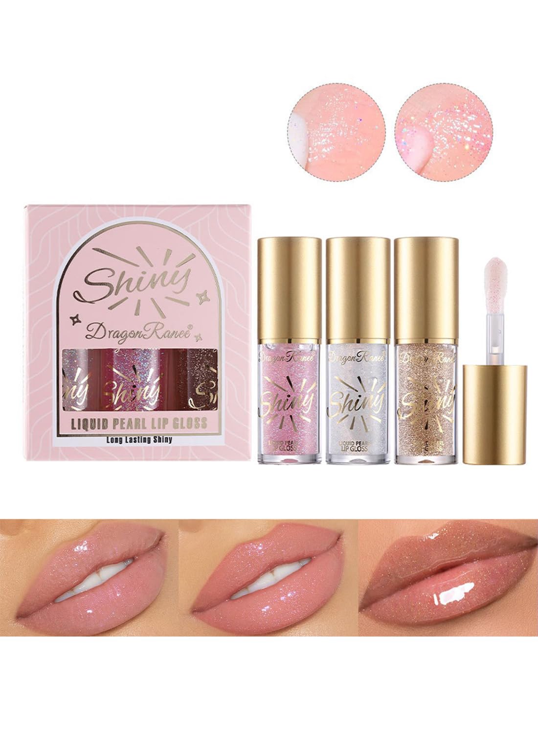 3Pcs Glossy Lip Glow, Moisturizing Shiny Liquid Lipstick Set with Large Brush