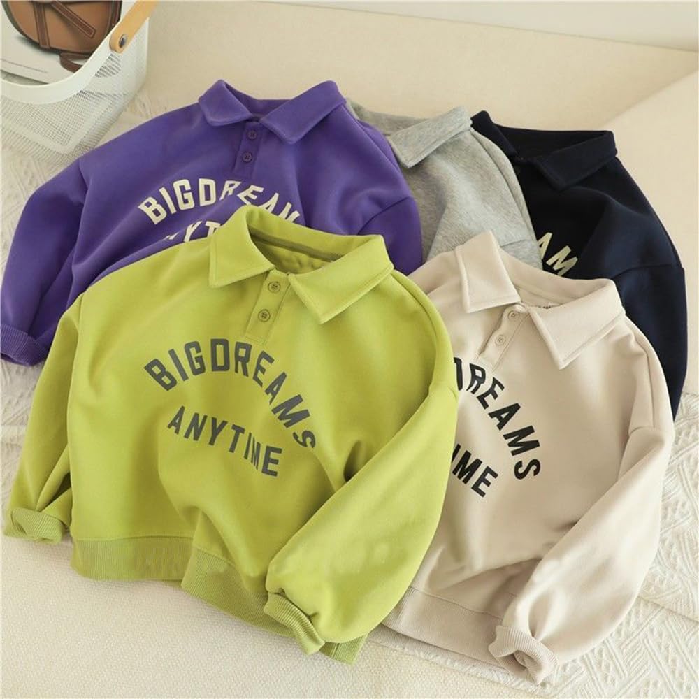 L&Wen Boys Elegant Long Sleeve Sweatshirt for Cooler Weather, Text Pattern Print Kids Top Beige 90 (2-3 Years)