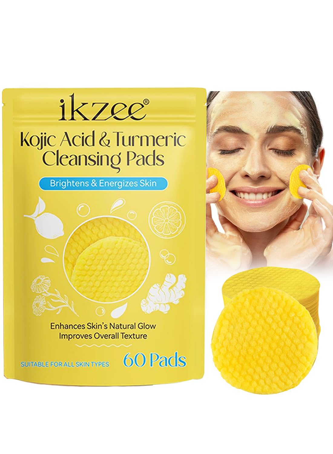 Turmeric Cleansing Pads, Kojic Acid & Turmeric Cleansing Pads, Enhances Skin's Natural Glow, Improves Overall Texture, Helps Balance Skin Oil & Water (60 Pads)