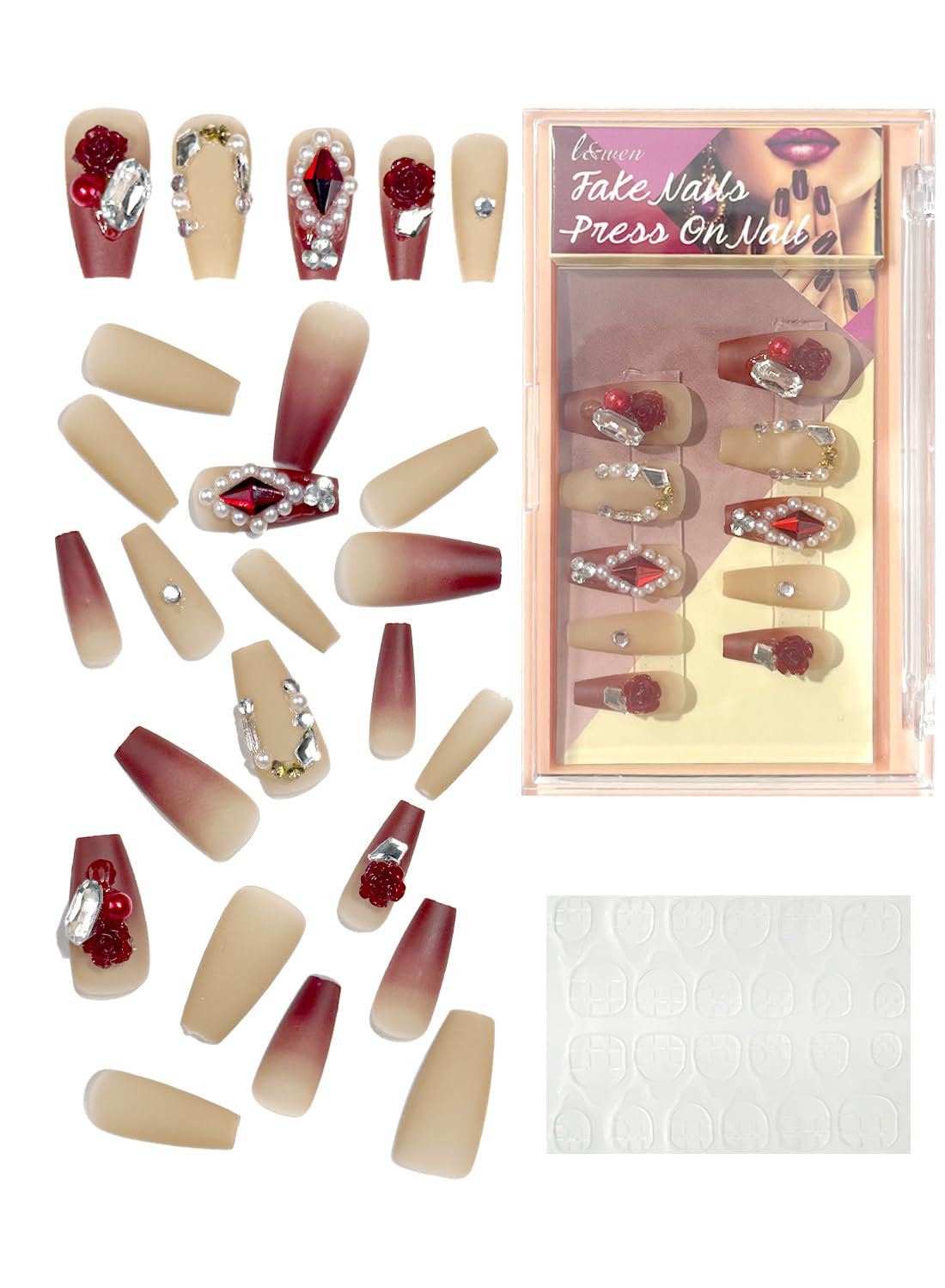 24Pcs Press on Nails, Long Lasting Chip-Free Press Ons Square for Gift, Nails Tip Set for Salons and DIY with 36Pcs Nail Adhesive Glue Tapes for Women