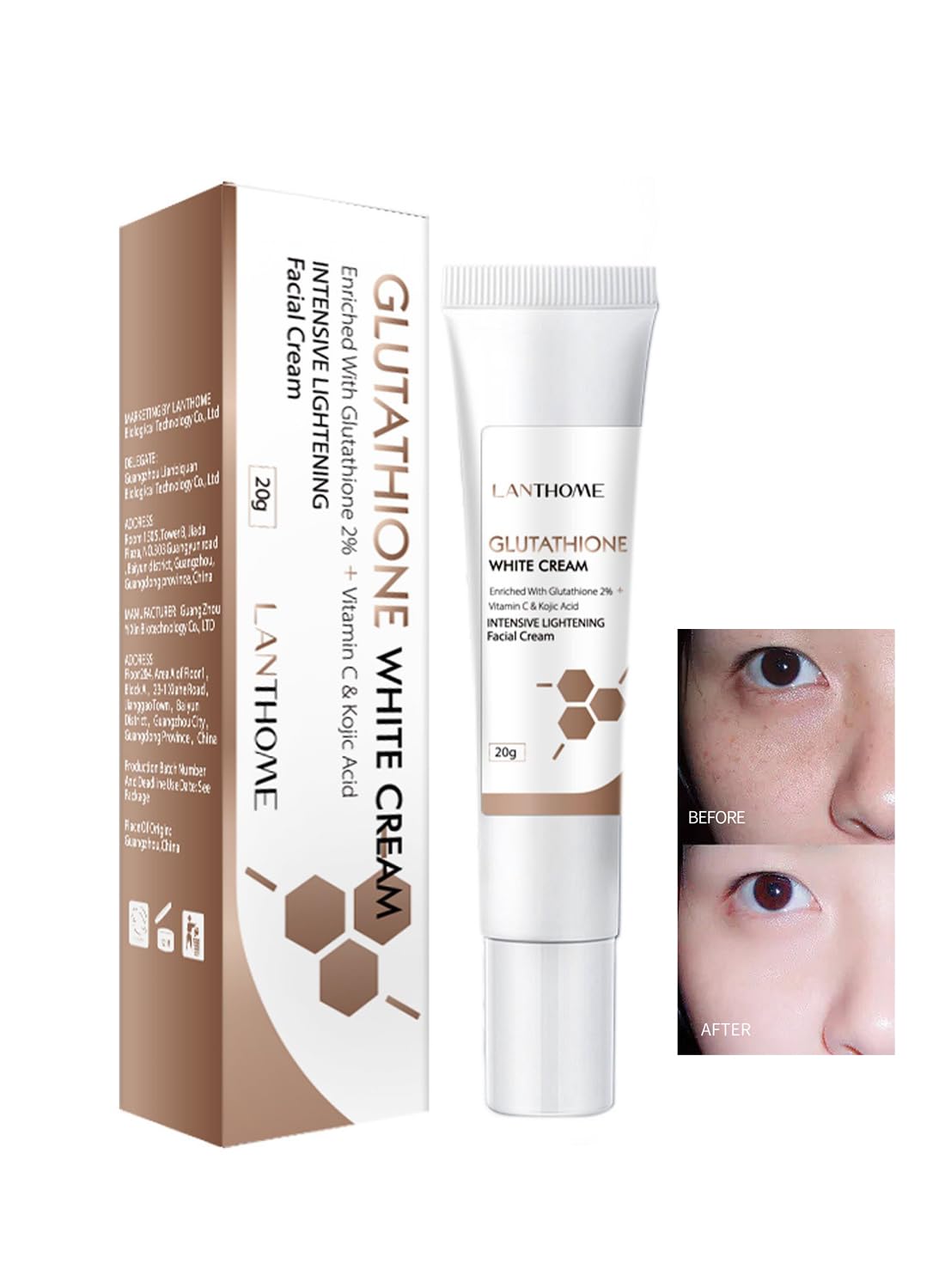 2% Glutathione Facial Cream, Whitening and Anti-Wrinkle Face Moisturizer, 20g