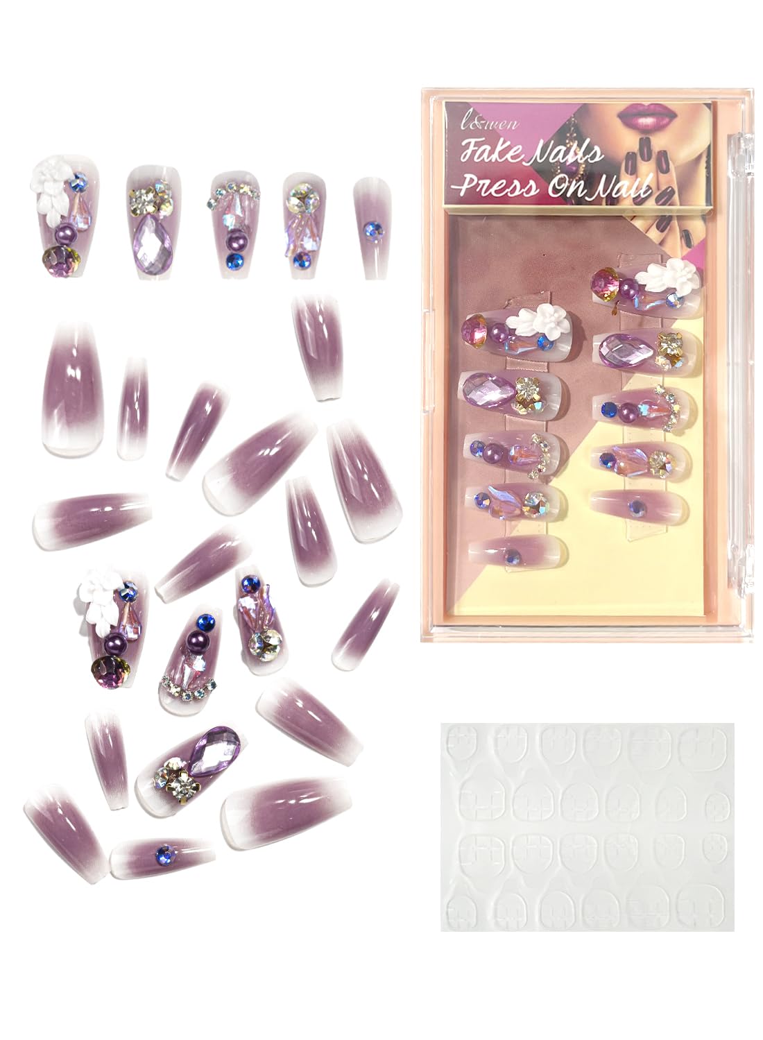 24Pcs Press on Nails, Long Lasting Chip-Free Press Ons Square for Gift, Nails Tip Set for Salons and DIY with 36Pcs Nail Adhesive Glue Tapes for Women