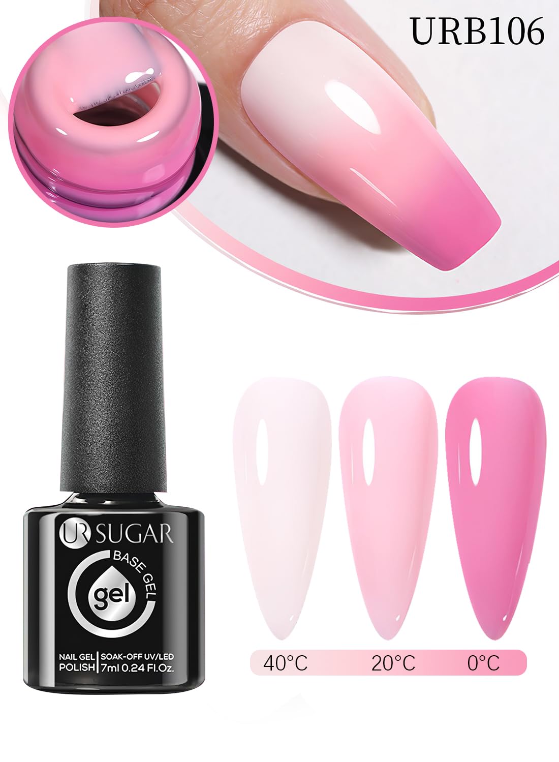 Rubber Base Gel Nail Polish, Temperature Changing Ombre Glitter Nail Gel Polish, Soak Off UV/LED, Builder Base Nail Gel, Base Coat For Nail Strengthening 7ML